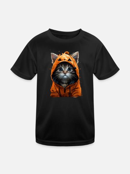 Kätzchen im Kürbis-Outfit - Halloween Niedlichkeit - Kinder Funktions-T-Shirt - Schwarz - Vorne