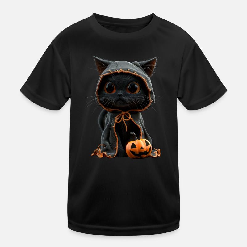 Black kitten in Halloween look - With pumpkin Kids Functional T-Shirt