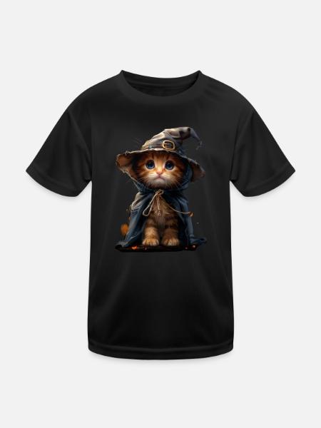 Kätzchen im Hexen-Outfit - Halloween Magie - Kinder Funktions-T-Shirt - Schwarz - Vorne