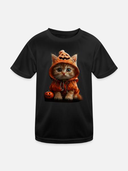 Kitten in pumpkin hood look - Halloween outfit - Kids Functional T-Shirt - black - Front