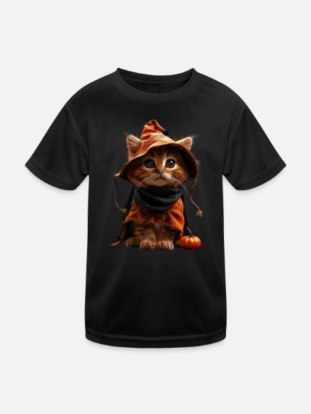 Kitten in Witch Pumpkin Outfit - Halloween Look - Kids Functional T-Shirt - black - Front