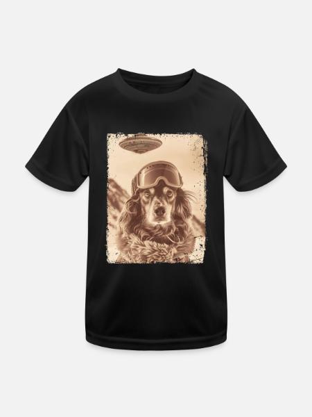 UFO Retro Vintage Uncanny Alien Winter Dog - Kids Functional T-Shirt - black - Front