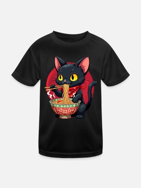 Cat, Ramen, Japanese Noodles, Funny Kawaii - Kids Functional T-Shirt - black - Front