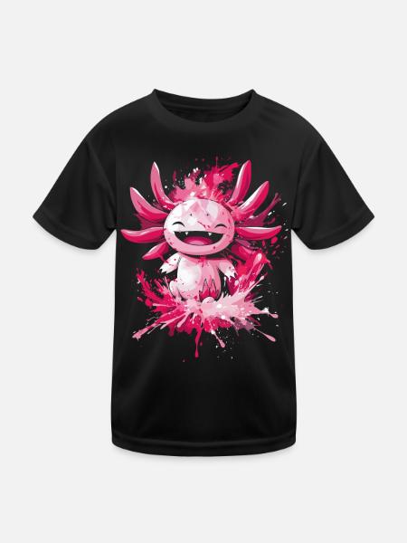 Cheerful Axolotl with Paint Splashes for Kids - Kids Functional T-Shirt - black - Front