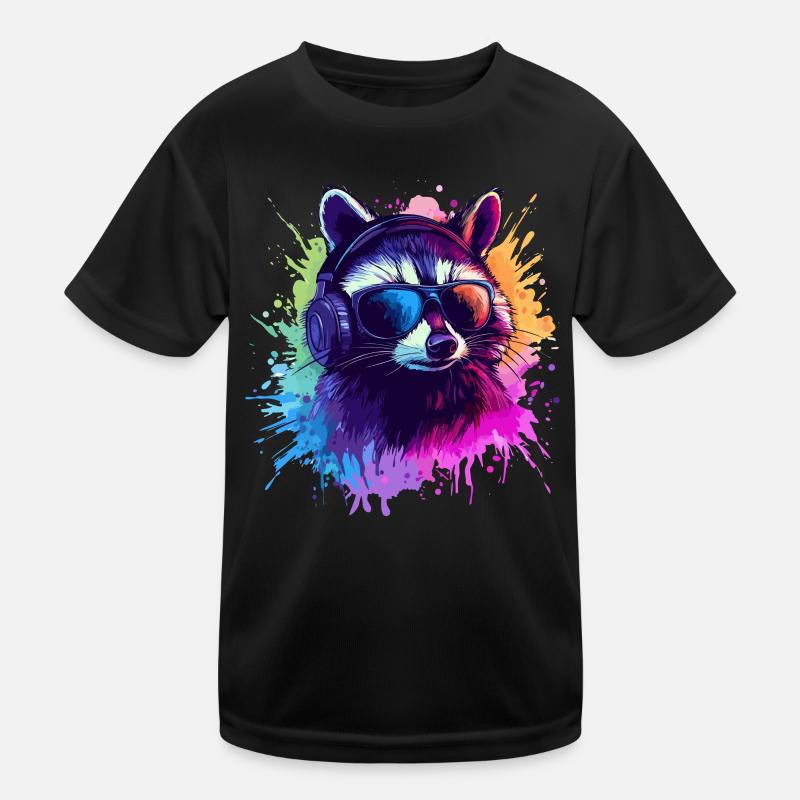 Zocker Waschbär mit Kopfhörern – Cooles Design Kinder Funktions-T-Shirt