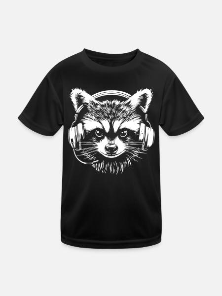 Black and White Gambler Raccoon with Headset - Kids Functional T-Shirt - black - Front