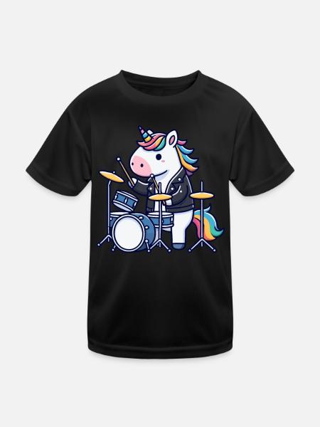 Schlagzeuger, Schlagzeug, Drummer, Musik & Einhorn - Kinder Funktions-T-Shirt - Schwarz - Vorne