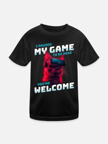 I just paused my game to be here - Cat with VR - Kids Functional T-Shirt - black - Front