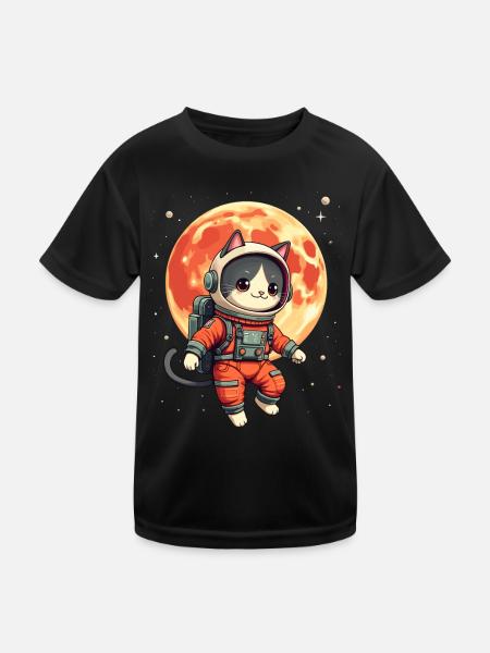 Cat, Space, Astronaut, Space, Kawaii - Kids Functional T-Shirt - black - Front