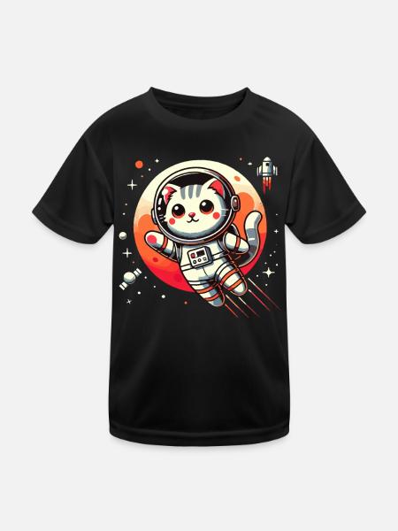 Cat, Space, Astronaut, Space, Kawaii - Kids Functional T-Shirt - black - Front