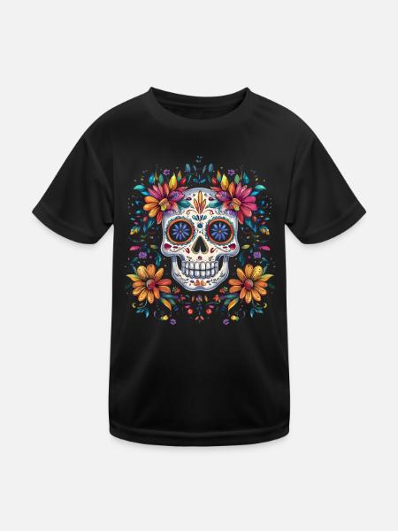 Tag der Toten Sugar Skull mit bunten Blumen - Kinder Funktions-T-Shirt - Schwarz - Vorne