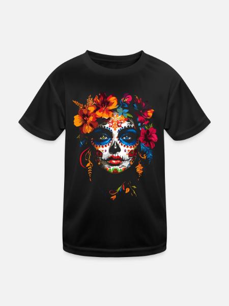 Bunte La Catrina Sugar Skull Frau mit Blumen - Kinder Funktions-T-Shirt - Schwarz - Vorne