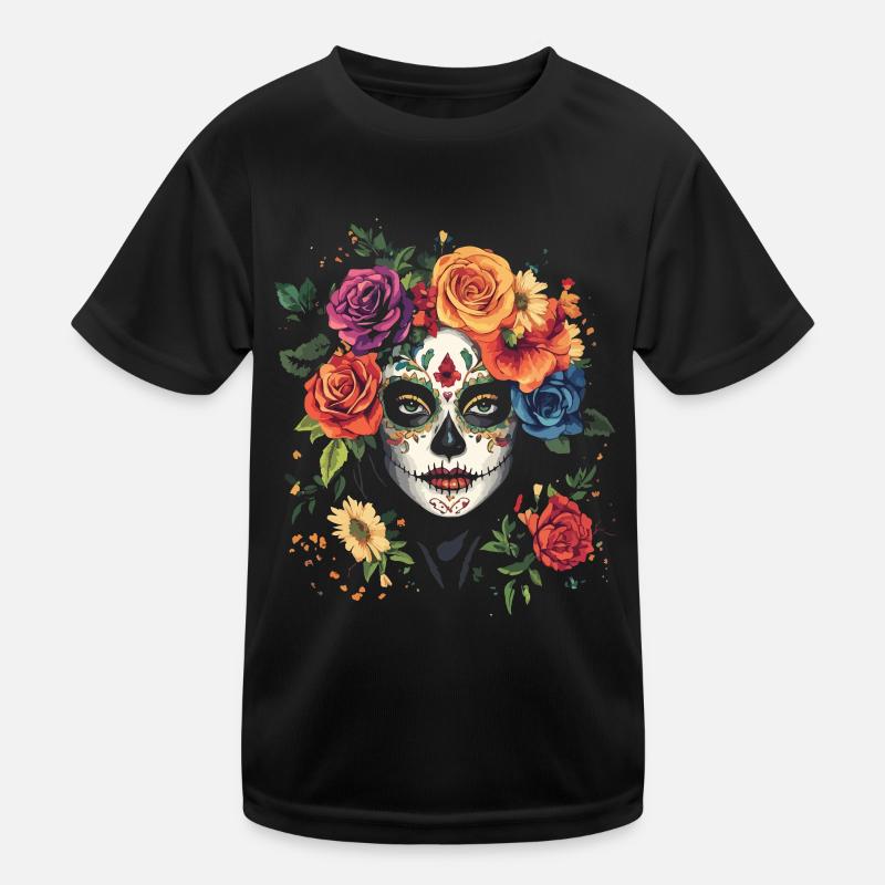 Bunte La Catrina mit Rosen und Blumen Kinder Funktions-T-Shirt