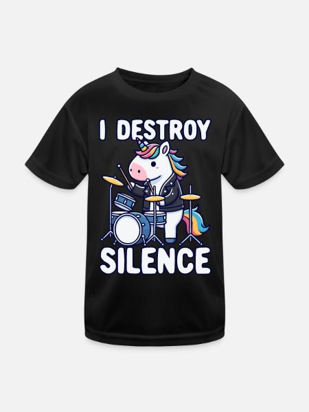 Schlagzeuger, Schlagzeug, Drummer, Musik & Einhorn - Kinder Funktions-T-Shirt - Schwarz - Vorne