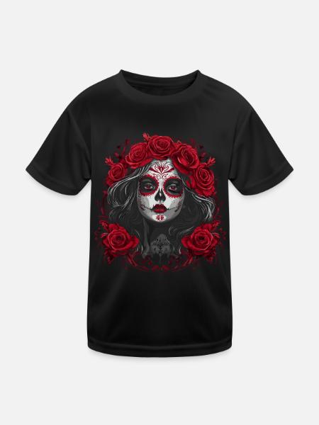 Elegant Catrina - Red Roses Dia de los Muertos - Kids Functional T-Shirt - black - Front