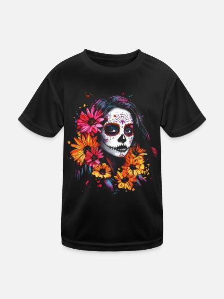 Lebhafte Catrina - Sonnenblumen Dia de los Muertos - Kinder Funktions-T-Shirt - Schwarz - Vorne