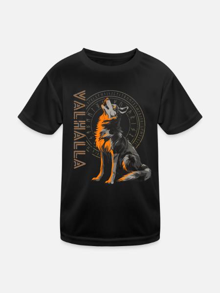 Runes: Vegvisir, Wolf, Norse Mythology, Vikings - Kids Functional T-Shirt - black - Front
