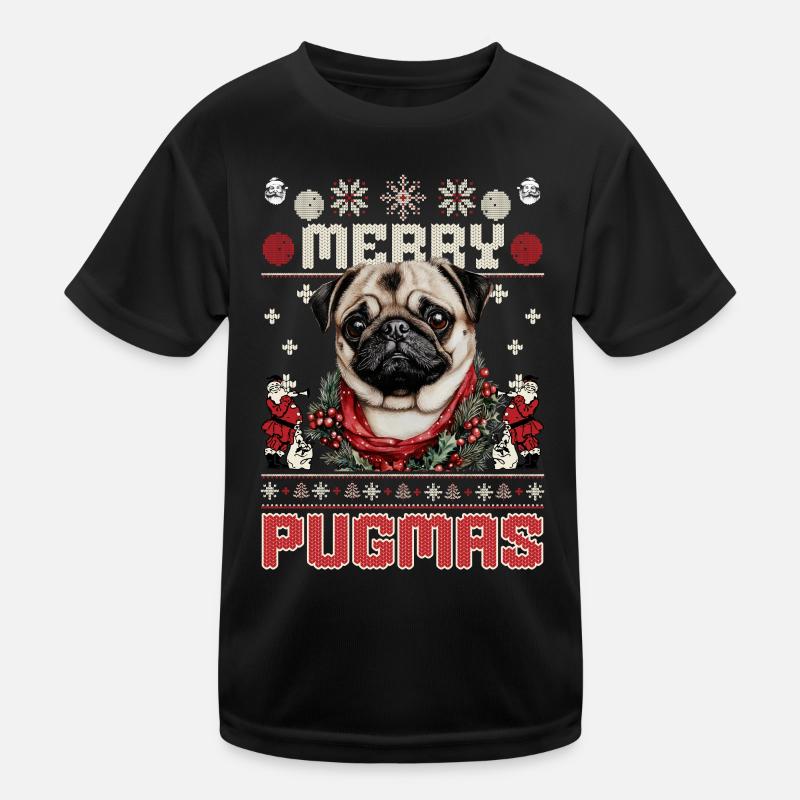 Ugly Christmas Mops Design – Merry Pugmas - Kinder Funktions-T-Shirt - Schwarz