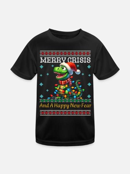 Dino Ugly Christmas Merry Crisis Feiertage - Kinder Funktions-T-Shirt - Schwarz - Vorne