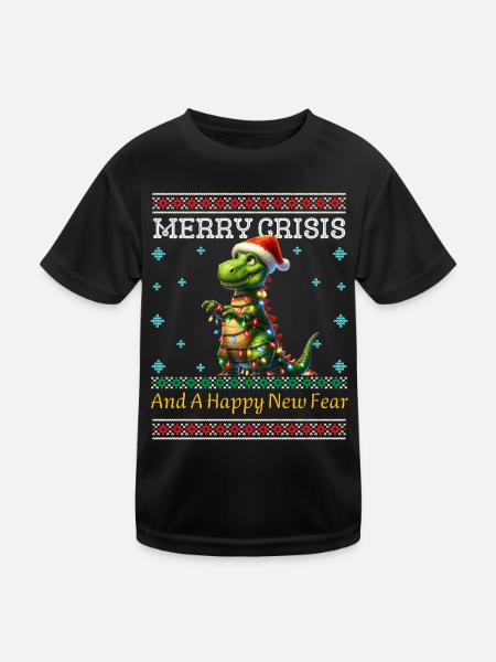 Merry Crisis Weihnachten Dino Ugly Christmas - Kinder Funktions-T-Shirt - Schwarz - Vorne