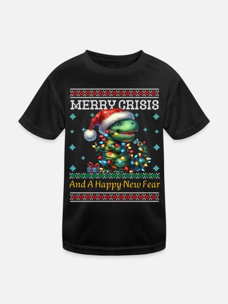 Dino Merry Crisis Ugly Christmas Weihnachten - Kinder Funktions-T-Shirt - Schwarz - Vorne