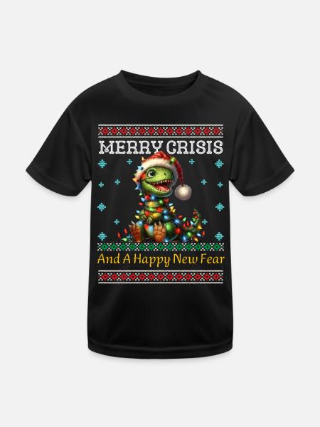 Dino Merry Crisis Weihnachten Ugly Christmas - Kinder Funktions-T-Shirt - Schwarz - Vorne