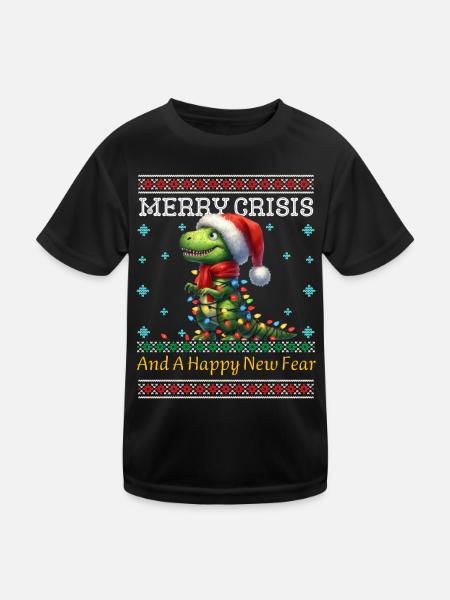 Dino Ugly Christmas Merry Crisis Weihnachten - Kinder Funktions-T-Shirt - Schwarz - Vorne