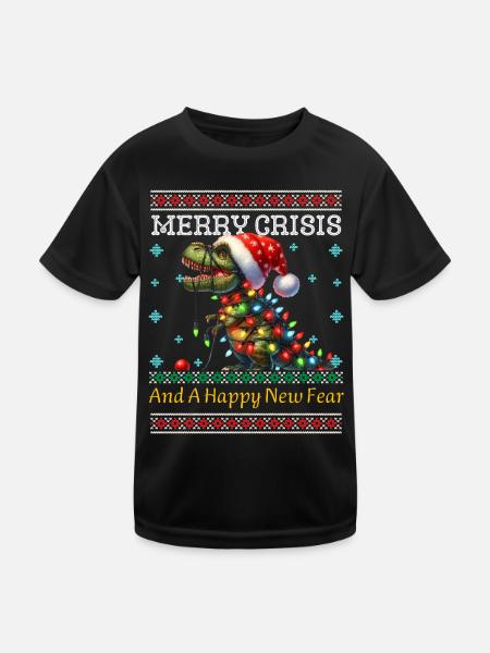 T-Rex Merry Crisis Weihnachten Ugly Christmas - Kinder Funktions-T-Shirt - Schwarz - Vorne