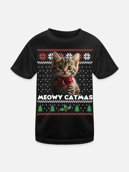 Meowy Catma's Christmas Matching Look with Kitten - Kids Functional T-Shirt - black - Front