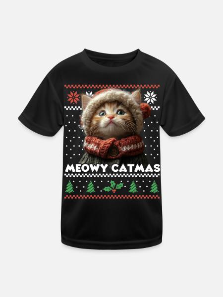 Meowy Catma's Christmas Matching Look with Kitten - Kids Functional T-Shirt - black - Front