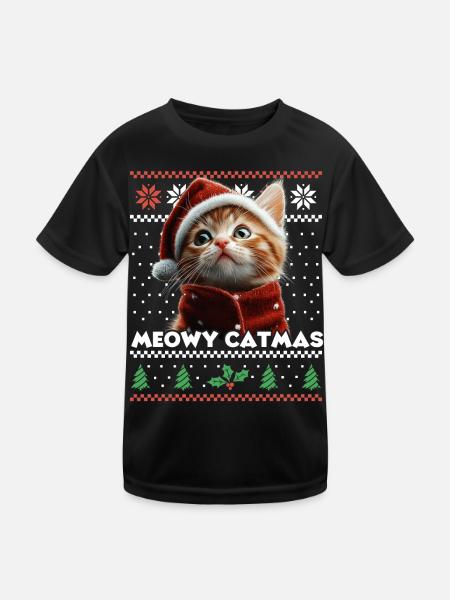 Meowy Catma's Christmas Matching Look with Kitten - Kids Functional T-Shirt - black - Front