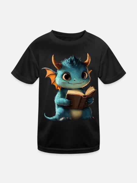 Niedlicher blauer Drache – Magie für Bücherfans - Kinder Funktions-T-Shirt - Schwarz - Vorne