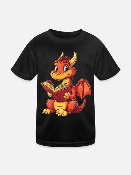 Fröhlicher roter Drache Fantasie für Buchliebhaber - Kinder Funktions-T-Shirt - Schwarz - Vorne