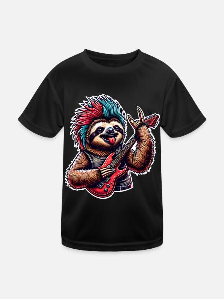 Faultier Rock and Roll Gitarrist - Kinder Funktions-T-Shirt - Schwarz - Vorne