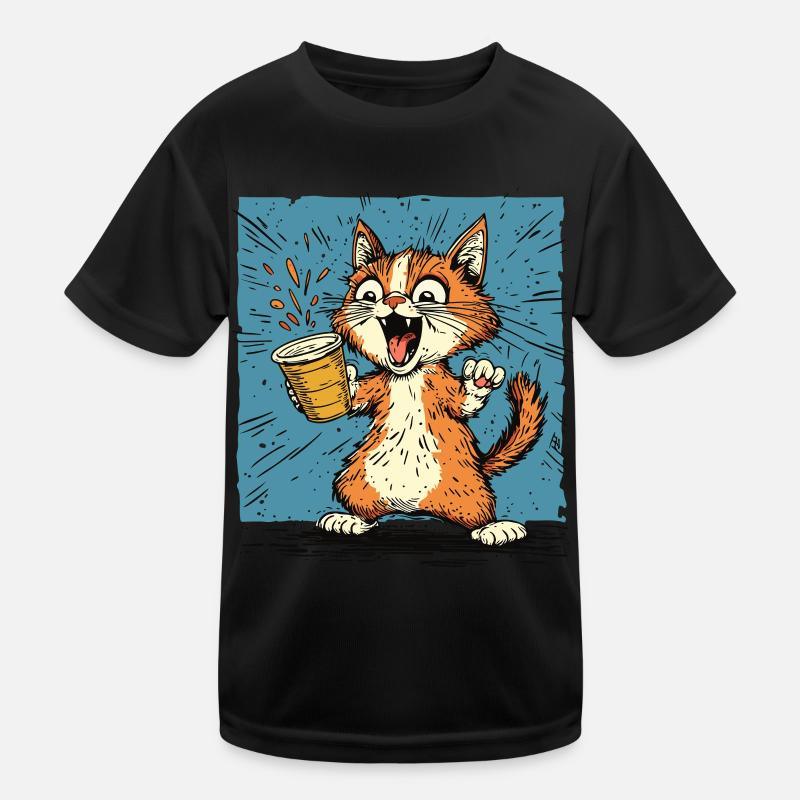 Aufgeregte Katze mit Kaffee im Comic-Stil Kinder Funktions-T-Shirt