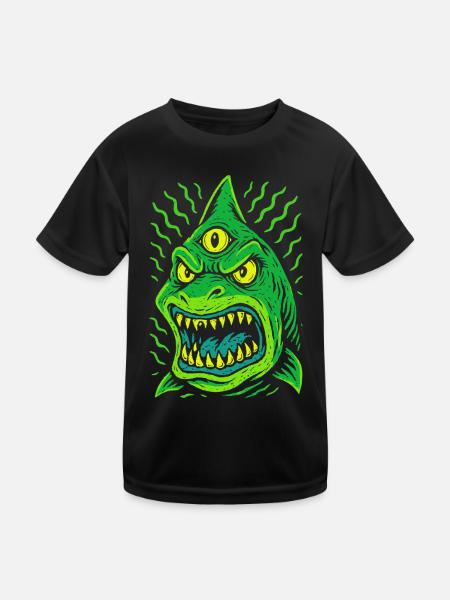 Three-eyed neon shark with fangs - Kids Functional T-Shirt - black - Front