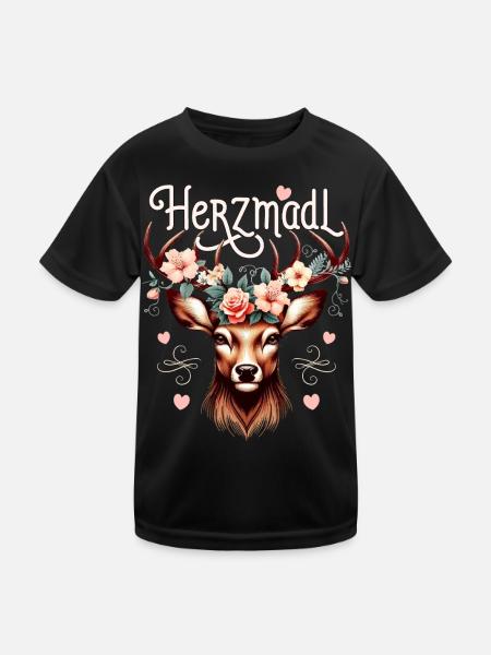 Trachten T-Shirt Herzmadl Damen Trachtenshirt - Kinder Funktions-T-Shirt - Schwarz - Vorne