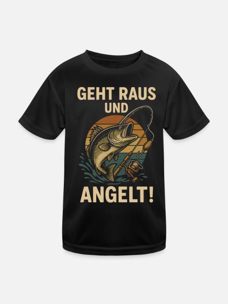 Angeln Sport Fische Wasser Freiheit Rute Haken - Kinder Funktions-T-Shirt - Schwarz - Vorne