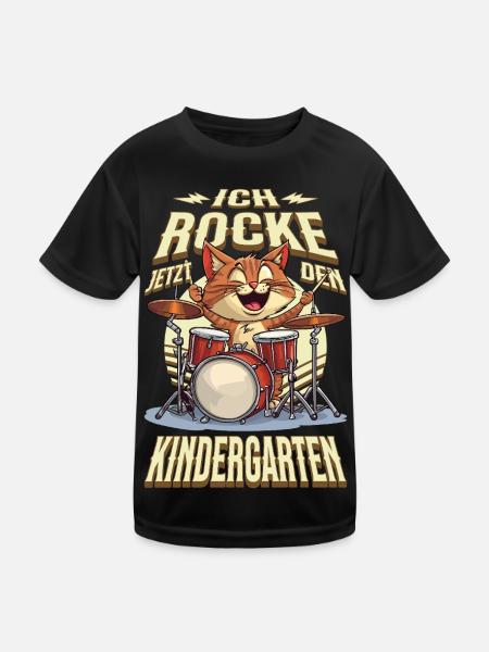 Kindergarten Kita Cat Drums Rock Music - Kids Functional T-Shirt - black - Front