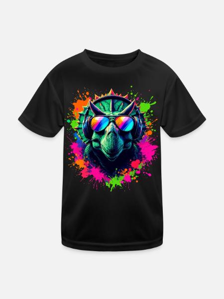 Triceratops DJ Dino Fans Neon Graffiti Style - Kids Functional T-Shirt - black - Front