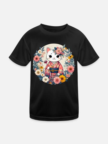 Kimono Katze mit Blumen - Kinder Funktions-T-Shirt - Schwarz - Vorne