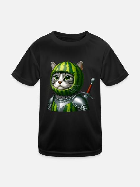 Wassermelonen Katze Ritter - Kinder Funktions-T-Shirt - Schwarz - Vorne