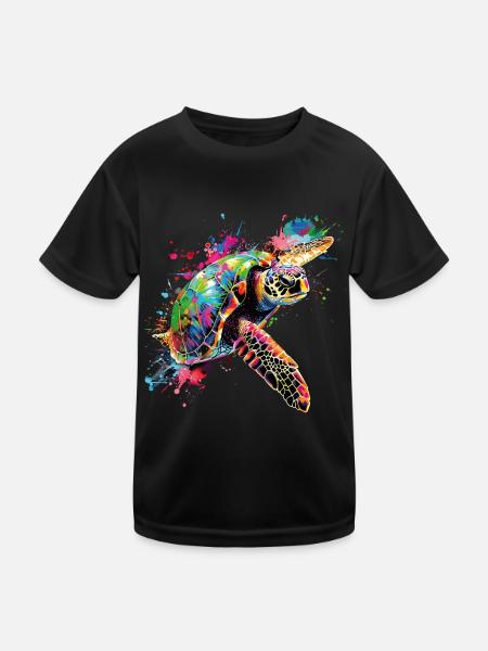 Schildkröte Neon Bunt Ozean Meer Natur Kunst - Kinder Funktions-T-Shirt - Schwarz - Vorne