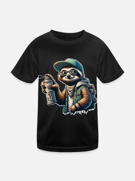 Sloth Graffiti Sprayer Street Art - Kids Functional T-Shirt - black - Front
