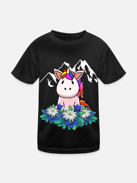 Unicorn gentian Edelweiss Alps Switzerland Austria - Kids Functional T-Shirt - black - Front
