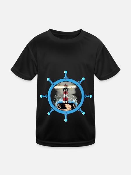 Maritime Steering Wheel Lighthouse Coast Storm Ahoy - Kids Functional T-Shirt - black - Front