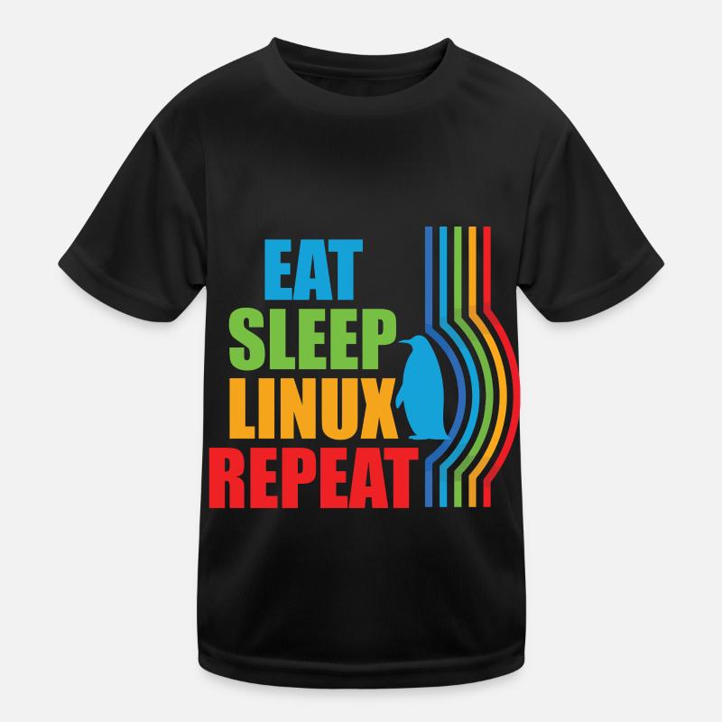 Eat Sleep Linux Repeat Retro Pinguin Nerd Geek - Kinder Funktions-T-Shirt - Schwarz