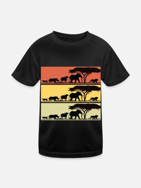 Safari Africa Retro Lion Giraffe Elephants - Kids Functional T-Shirt - black - Front