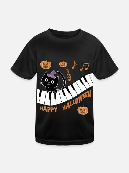 Schwarze Katze mit Kürbis wünscht Happy Halloween - Kinder Funktions-T-Shirt - Schwarz - Vorne