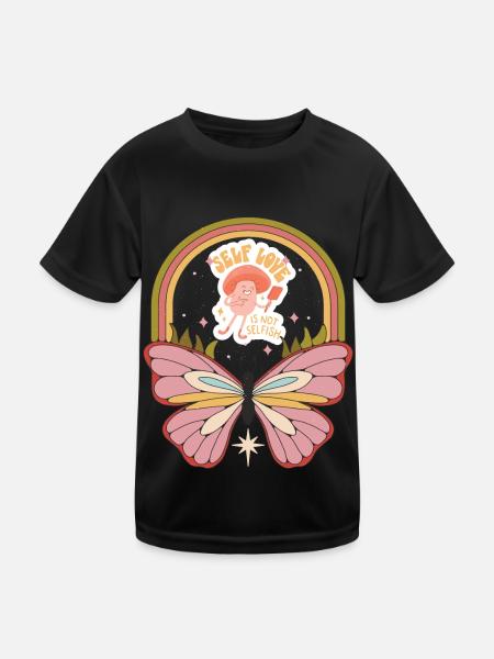 Self Love Butterfly Motivational Saying with Butte - Kids Functional T-Shirt - black - Front